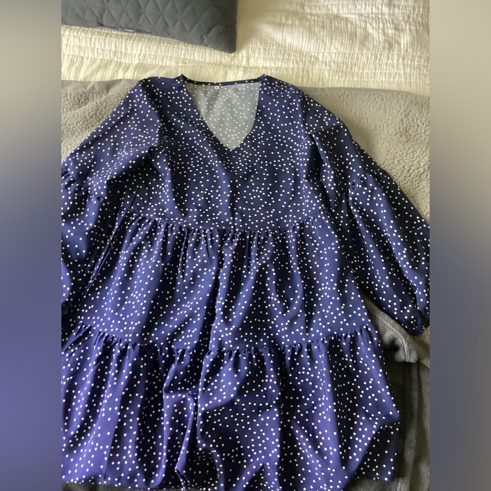 Long sleeve, blue polka dot Amazon dress, S